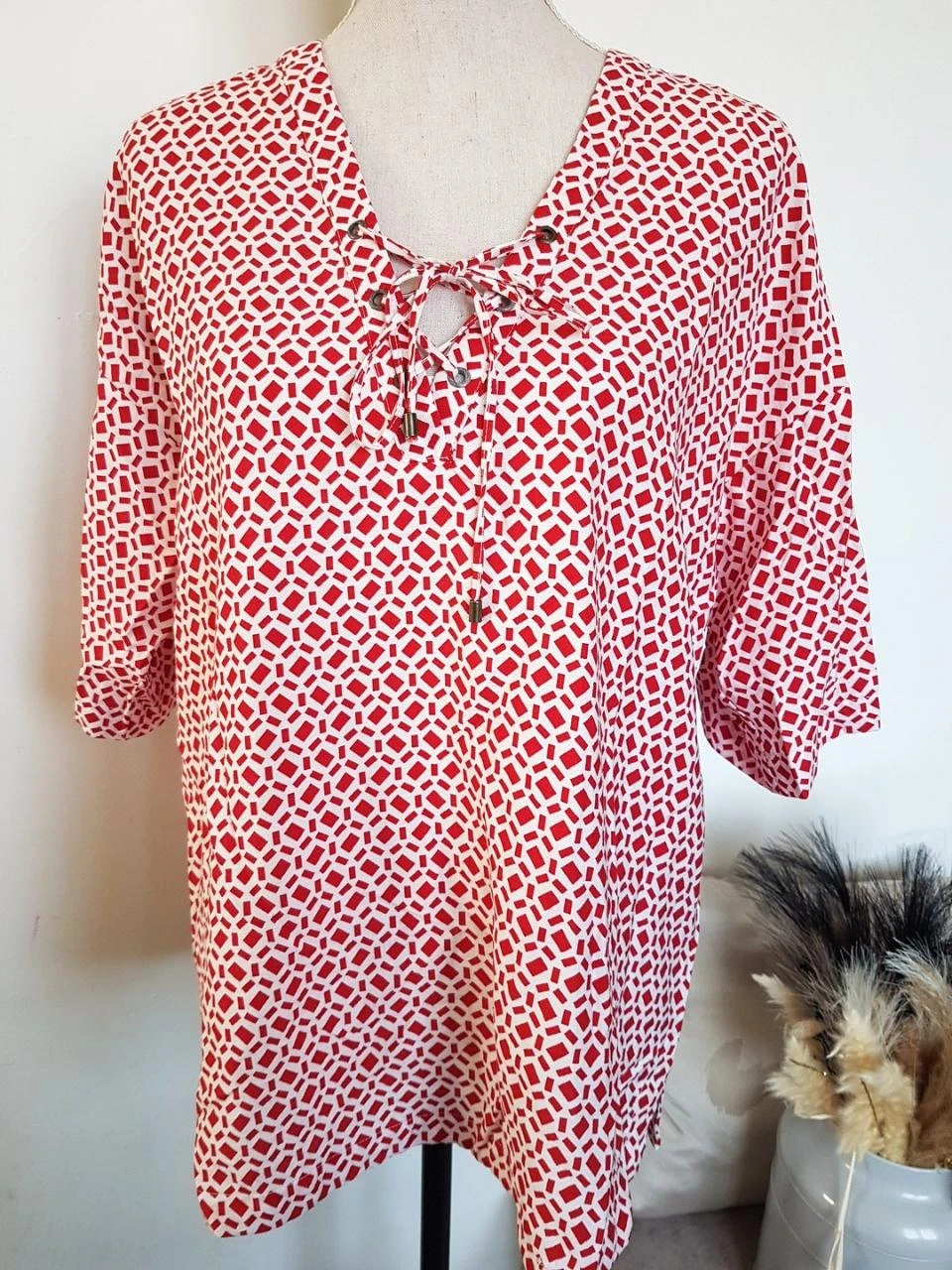 🌸Blouse fluide géométrique rouge et blanc cassé Promod – T.42🌸